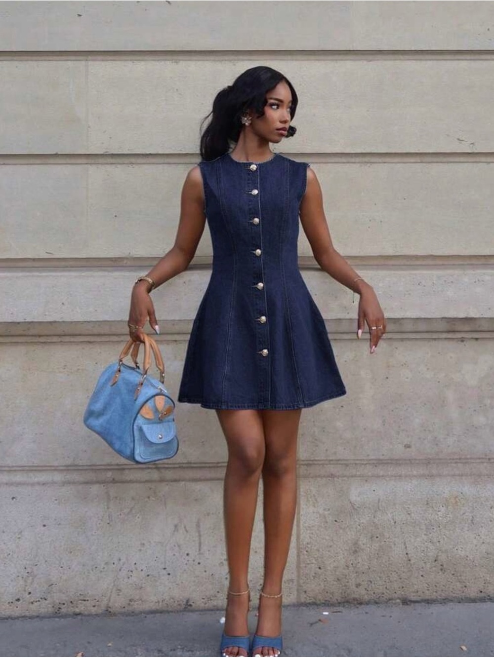 SHEIN Navy Sleeveless Button-Front Denim Fit & Flare Dress